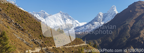 Image of Everest, Lhotse and Ama Dablam summits. 