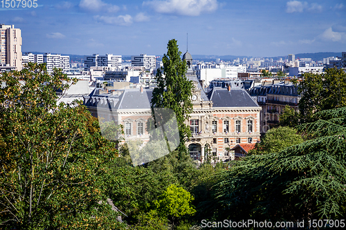 Image of 19th borough Town Hall view from the Buttes-Chaumont, Paris