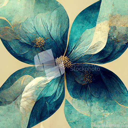 Image of Blue and golden watercolor flower Illustration for prints, wall 