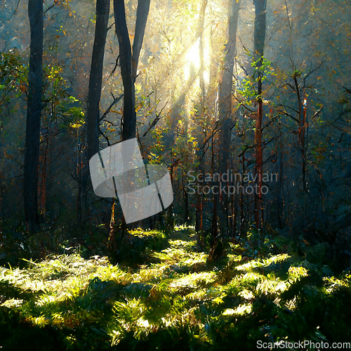 Image of Beautiful sunny morning in magic forest. Forest in the morning i