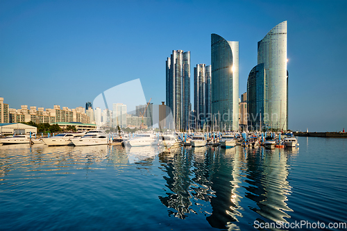 Image of Busan marina with yachts on sunset, South Korea