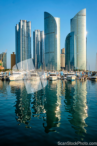 Image of Busan marina with yachts on sunset, South Korea