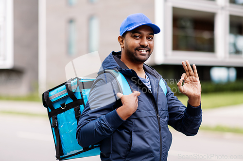 Image of happy indian delivery man with bag showing ok