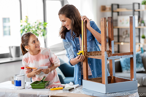 Image of mother and daughter with ruler measuring old table