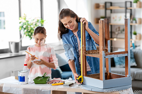 Image of mother and daughter with ruler measuring old table