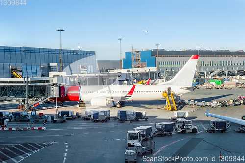 Image of Loading airplane Copenhagen airport luggage