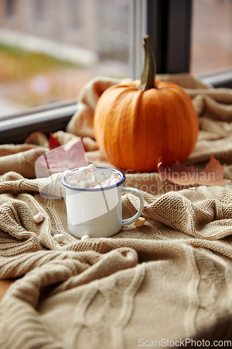 Image of camp mug of marshmallow and pumpkin on window sill