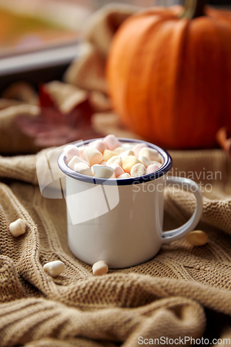 Image of camp mug of marshmallow and pumpkin on window sill