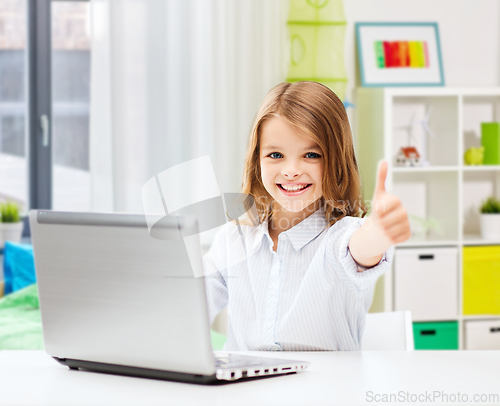 Image of smiling student girl with laptop showing thumbs up