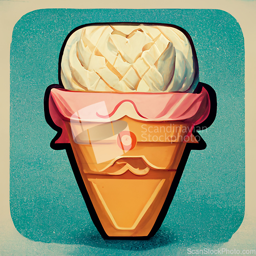 Image of Ice cream balls in the waffle cone on blue vintage background. D