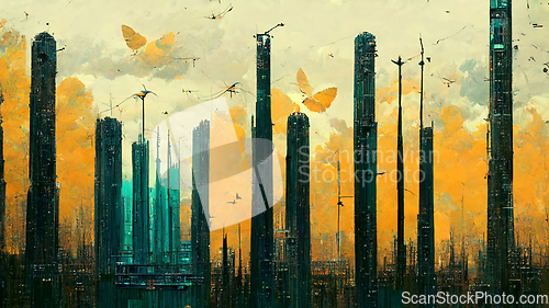 Image of Abstract futuristic buildings in city on watercolor painting. Ci