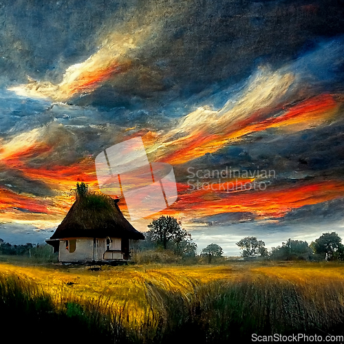 Image of Sunset countryside landscape with farm, agriculture field and ho