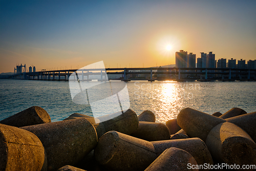 Image of Gwangan bridge on sunset. Busan, South Korea