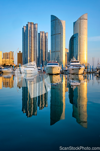 Image of Busan marina with yachts on sunset, South Korea