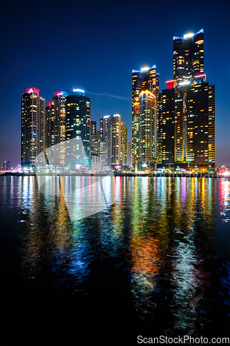 Image of Busan Marina city skyscrapers illluminated in night