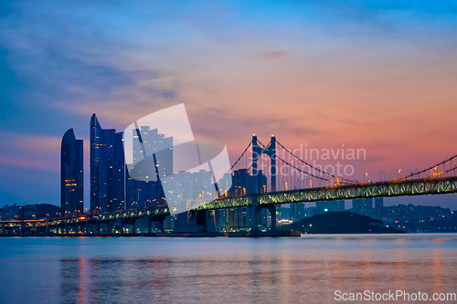 Image of Gwangan Bridge on sunrise. Busan, South Korea