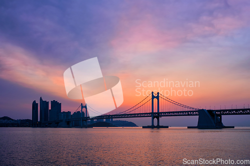 Image of Gwangan Bridge on sunrise. Busan, South Korea
