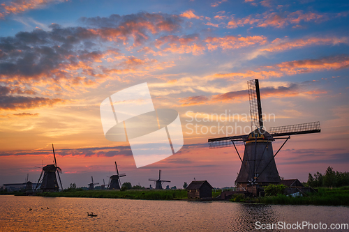 Image of Windmills at Kinderdijk in Holland. Netherlands