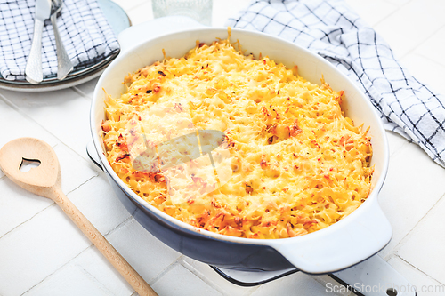 Image of Typical American macaroni and cheese (mac and cheese ) in caseroll