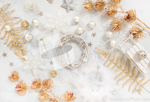 Image of Christmas  background with ornaments, balls and, top view 