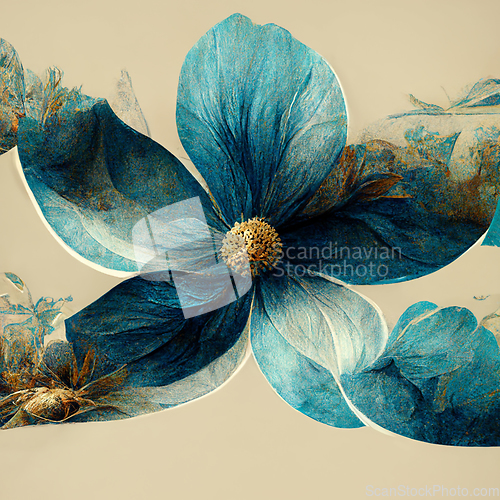 Image of Blue and golden watercolor flower Illustration.