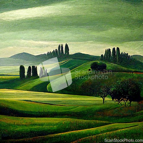 Image of Well known Tuscany landscape with grain fields, cypress trees an