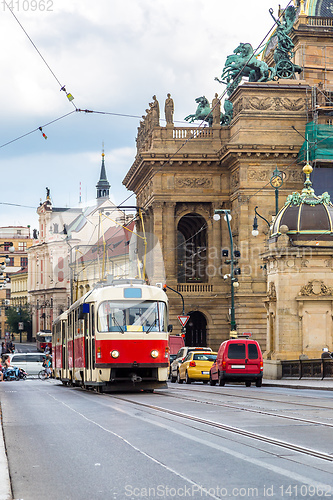 Image of Prague red Tram detail, Czech Republic