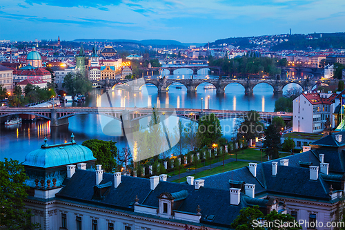 Image of Evening view of Prague bridges over Vltava river