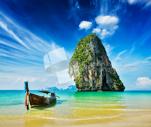 Image of Long tail boat on beach, Thailand