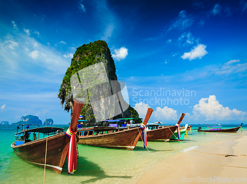 Image of Long tail boat on beach, Thailand