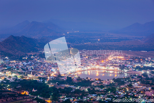 Image of Holy city Pushkar aerial view at dusk from Savitri temple. Pushk