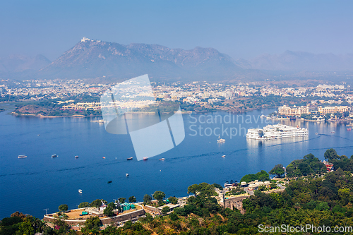 Image of Aerial view of Lake Pichola with Lake Palace Jag Niwas and Uda