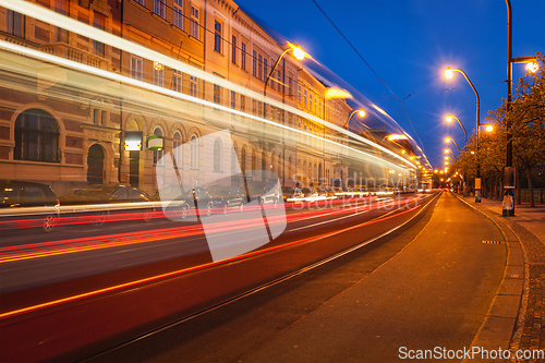 Image of Blurred light trails of Prague tram. Prague, Czech republic