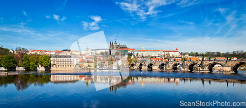 Image of Charles bridge over Vltava river and Gradchany Prague Castle a