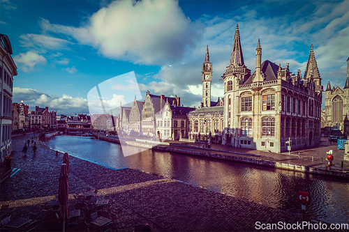 Image of Ghent canal and Graslei street. Ghent, Belgium
