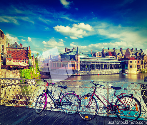 Image of Bridge, bicycles and canal. Ghent, Belghium