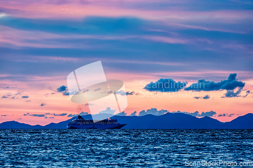 Image of Sea sunset with criuse ship