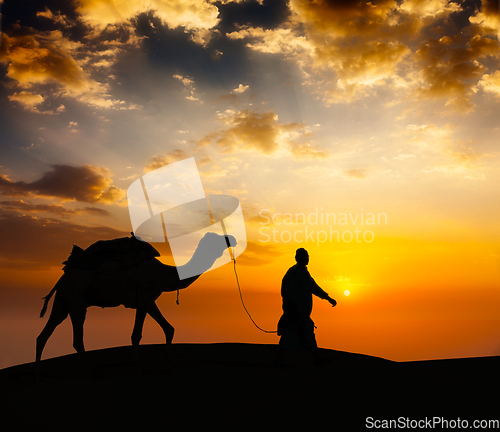 Image of Cameleer camel driver with camels in desert dunes