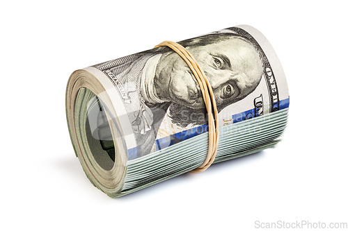 Image of Roll of hundred dollar bills isolated