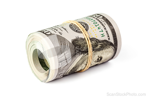 Image of Roll of hundred dollar bills isolated