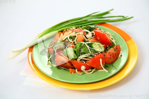 Image of The salad with cucumbers, tomatoes and herbs