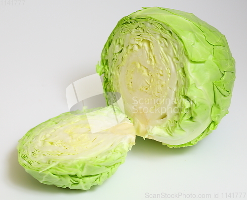 Image of Green cabbage on white background. Top view