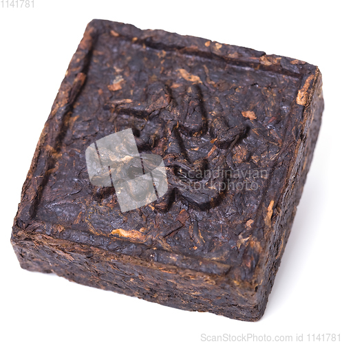 Image of Aromatic black pu-erh tea from yunnan province in China. Leaves undergoes double fermentation and compressed into bricks. Healthy drink.