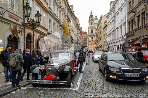 Image of Famous historic car Praga in Prague street