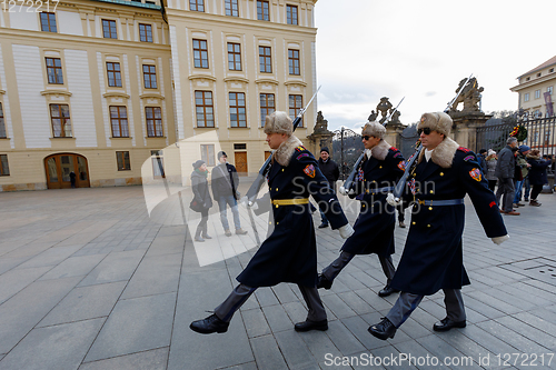 Image of Castle Guard marching for changing of guards in front of Prague\'s castle