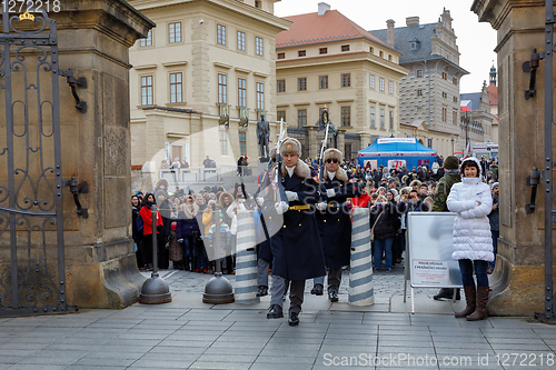Image of Castle Guard marching for changing of guards in front of Prague\'s castle