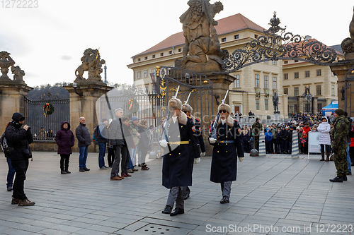 Image of Castle Guard marching for changing of guards in front of Prague\'s castle