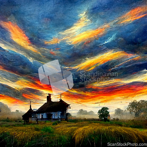 Image of Sunset countryside landscape with farm, agriculture field and ho