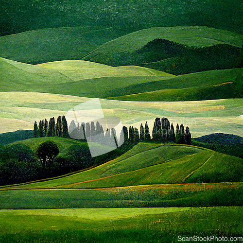 Image of Well known Tuscany landscape with grain fields, cypress trees an