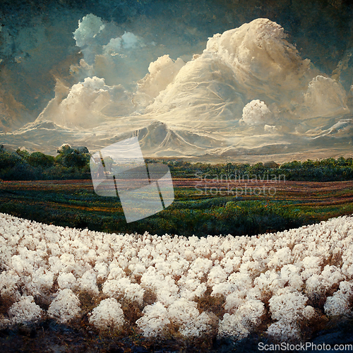 Image of Cotton fields ready for harvesting, snow mountains and clouds.